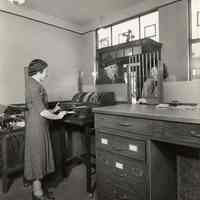 Digital copy of b+w photo of Haven Building & Loan Association of Hoboken interior, 41 Newark St., Hoboken, no date, ca. 1952-53 or earlier.