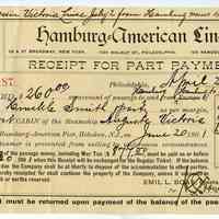 Receipt for part payment on ocean liner passage booked by Hamburg-American Lines, Philadelphia, April 25, 1901.