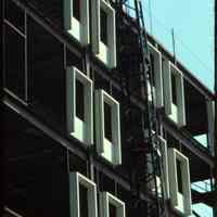 Color photo of facade under construction of the north wing of Saint Mary Hospital, Hoboken, September 1976.