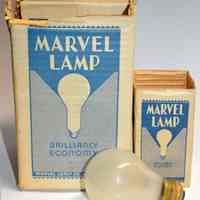 Package of 6 frosted incandescent 25 watt light bulbs made by Marvel Lamp Co., Hoboken, N.J. N.d., ca. 1927-1945.