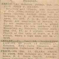 Clipped newpaper death notice for John F. Henry, October 19, 1913.