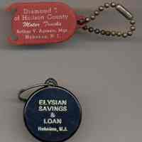 Key chain: Diamond T of Hudson County; key tag: Elysian Savings & Loan, both Hoboken. 1950s-1980s.