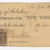 File receipt of paid bill for legal notice printed in New York Times by City of Hoboken, Sept. 10, 1858.