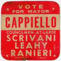 Digital image of sticker for election campaign of Steve Cappiello for Mayor and for 3 Councilmen-at-Large, Hoboken, no date, circa 1973-1985.