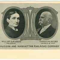 Digital image of postcard with cameo portraits of William McAdoo & Charles Jacobs, The Hudson & Manhattan Railroad Co., no date, ca. 1908.