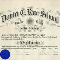 Diploma of Anna Elizabeth DeVosa received from David E. Rue [Junior High] School, Hoboken, June 26, 1929.