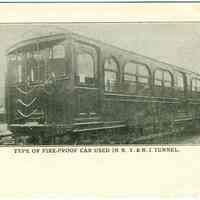 Digital image of Hudson & Manhattan R.R. postcard titled: Type of fire-proof car used in N.Y. & N.J. Tunnel. no date, ca. 1908.