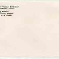 Envelope imprinted: First Church of Christ, Scientist, 829-831 Bloomfield St. Mailing Address: 910 Washington St. Hoboken, N.J.