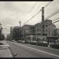 B+W photo of former Maxwell House Coffee plant exterior, overview looking north on Hudson St., Hoboken, 2003.