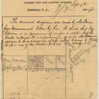 Billhead of John Runton & Son, Carpenters and Builders, Hoboken, dated September 9, 1904 with plot plan of 511 Park and 508 or 510 Garden St.