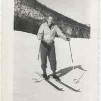 Digital image of black-and-white photo of R[oger]. John Muller (Sr.) skiing at Bear Mountain, New York, no date [1947].