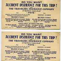 Trade card/ticket: Trip Accident Insurance, The Travelers Insurance Company of Hartford, Conn.; distributed or sold by Delaware, Lackawanna & Western R.R., Stroudsburg, PA, 1911-1914.