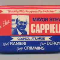 Political button: "Stablility. With Progress for Hoboken." Re-elect Mayor Steve Cappiello; Council at Large, Ranieri, Duroy, Crimmins. (Hoboken, n.d., probably 1977 or 1981.)