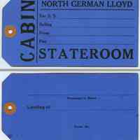 Baggage tag: North German Lloyd. Cabin. Stateroom. N.d., ca. 1900-1920. Unused.