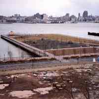 Color photo of an elevated view of construction progress of Pier A Park, Hoboken, 1999.