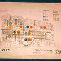 Graphic map by Paul Veeder showing "nativity" analysis of neighborhoods based on 1970 US census data and using the City of Hoboken map by mayo lynch and associates revised in 1972 for hoboken model cities.