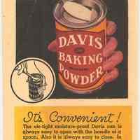 Davis Baking Powder advertising hang tag. R. B. Davis Company, Hoboken, N.J., n.d, circa 1926.