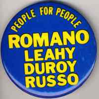 Pin button: People for People. Romano, Leahy, Duroy, Russo. Hoboken, no date, ca. 1989.