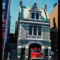          Color slide of eye-level view of the Hoboken Fire Department Engine Company No. 5 fire station façade and frieze reading 