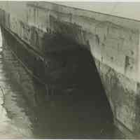 B+W photo of exterior hull damage to an unidentified vessel at the Bethlehem Steel Shipyard, no date, ca. 1940.