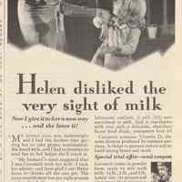 Ad, Cocomalt: Helen disliked the very sight of milk. By R.B. Davis Co., Hoboken; in The American Magazine, Nov. 1931