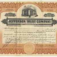 Stock certificate: Jefferson Trust Co. of Hoboken, issued to Louis Hirsch, 10 shares capital stock, July 10, 1929.