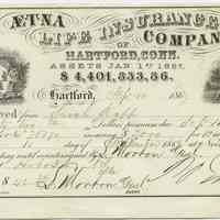 Receipts, 2, for payment of life insurance annual premium by Sarah Kapp from Aetna Life Insurance Co. by agent at Hoboken, L. Morton, 1866, 1868.