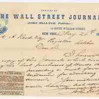 Letter & proof from John Hillyer, Publisher, The Wall Street Journal sent to Robert A. Reed, Registrar, Bd. of Water Commissioners, Hoboken, May 26, 1870.