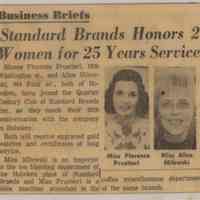 Newsclipping re Standard Brands honoring Florence Frustieri & Alice Milewski, both of Hoboken, for 25 years of service, Hoboken, (1965.)