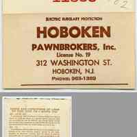 Ticket, pawn: Hoboken Pawnbrokers, Inc., 312 Washington Street, Hoboken, N.J. Circa 1980s.