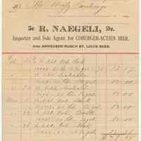Statement for Mr. Otto Weitz Hamburger for beers from R. Naegeli, Hoboken, May 19, 1890.