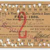 Ticket, monthly commuter: D.L.& W. R.R., Morris & Essex Div., Feb. 1886; South Orange & Hoboken; ferry pass on back.