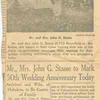 Newspaper clipping re 50th Anniversary of Mr. & Mrs. John G. Stasse, 715 Bloomfield St., Hoboken, April 27, 1957.