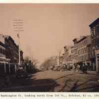 Sepia-tone photo of view looking north on Washington Street from Second Street, Hoboken, circa 1892.
