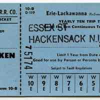 Ticket: Erie Lackawanna R.R. Yearly Ten Trip Ticket between Essex Street, Hackensack, NJ & Hoboken. Ca. 1961-1965.