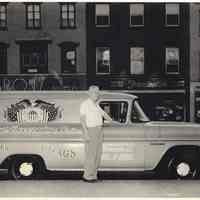 B+W photo of William Kirchgessner with the United Decorating Co. Chevrolet delivery truck, Hoboken, 1962.