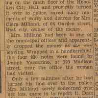 Newsclipping re Joe Yaccarino, Hoboken City Hall porter, returning money a woman lost there, Hoboken, ca. 1940