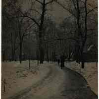 Digital image of sepia-tone photograph of 4th Street Park (Church Square) at night, Hoboken, no date, ca. 1900.
