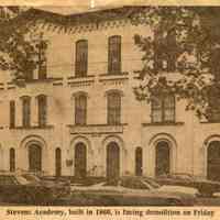 Reference image of printed photo of Stevens Academy, Fifth Street and Willow Ave. awaiting demolition as printed in New York Times, Wed. May 12, 1976.