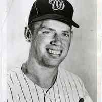 B+W photo of baseball player Jim Hannan posed in Washington Senators baseball uniform, n.p., ca. 1968-1970.