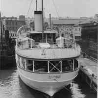 B+W photo of stern view of S.S. Alder berthed south of dry dock no.1, Hoboken, no date, ca. 1940