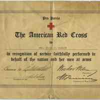 Certificate of Recognition from American Red Cross to Mrs. Frank P. Markey, for service. No date, ca. 1917-1919.