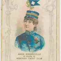 Cigarette advertising card: Annie Sommerville in Colors of Hoboken Yacht Club, issued by W. Duke & Sons, N.Y., 1890.