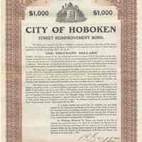 Digital image, printed document: City of Hoboken, Street Reimprovement Bond, $1000. Issued July 1, 1916. Matures July, 1, 1917.