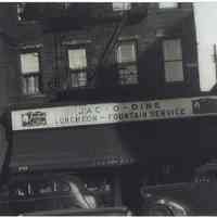 B+W photo of the exterior of the Jac-O-Dine Luncheonette, 401 Bloomfield St., Hoboken, ca. 1949.