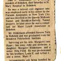 Newsclipping: John F. Hildemann (obituary, Hoboken, 1970.)