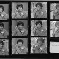 Black-and-white contact print of 11 images of Jeanne Valentin, Hoboken, 1998.