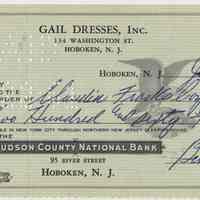 Bank check: account of Gail Dresses, Inc, 134 Washington St., Hoboken, June 19, 1961. Hudson County National Bank.