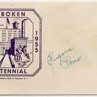 Digital image of postal cachet for City of Hoboken Centennial, signed by the competition-winning logo artist, Eugene Romo, Hoboken, 1955.