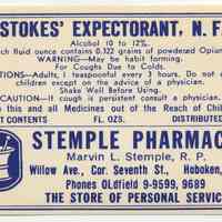 Printed label for medicine, Stokes Expectorant, N.F., from Stemple Pharmacy, 266 Seventh St., Hoboken, no date, ca. 1950.